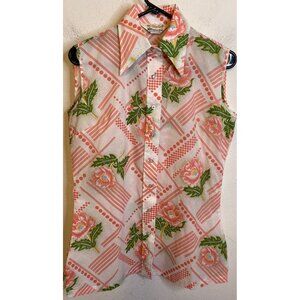 Vintage KMART Polyester Floral Pink Button Sleeveless Big Collar Top Blouse